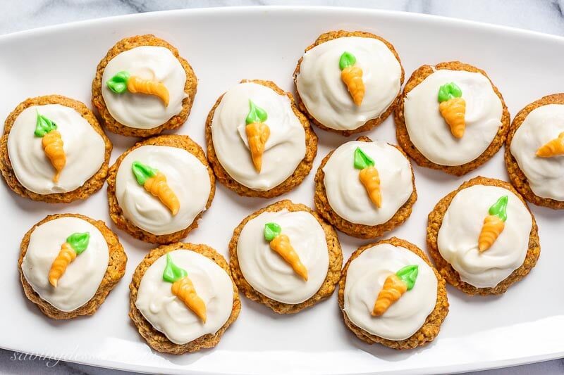 A platter of iced carrot cake cookies
