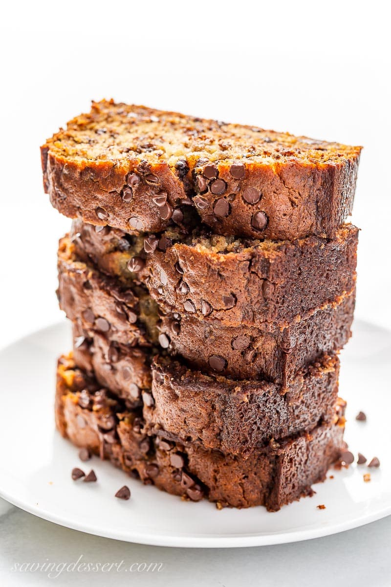 A stack of sliced quick bread loaded with chocolate chips