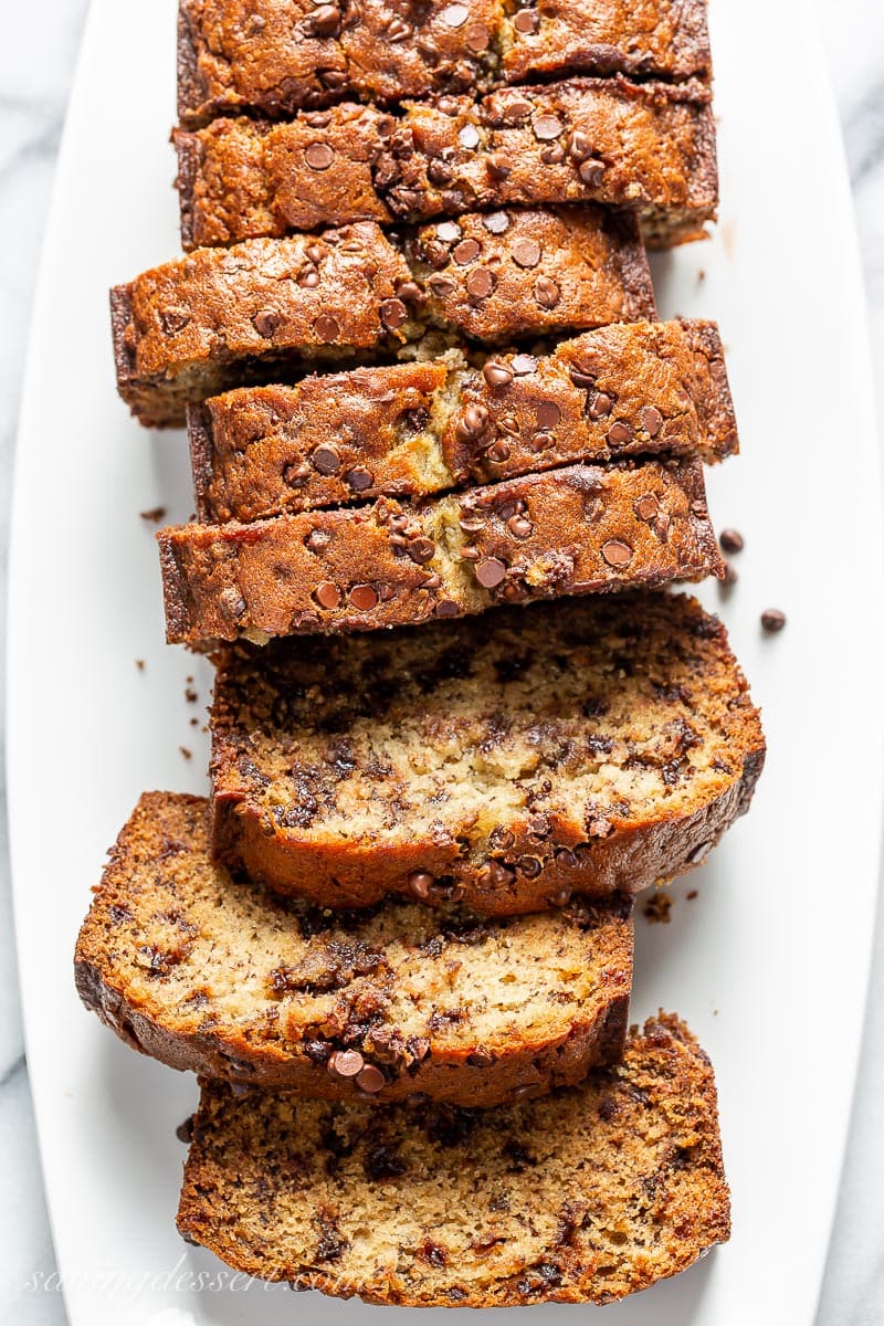 An overhead view of a platter of sliced chocolate chip banana bread