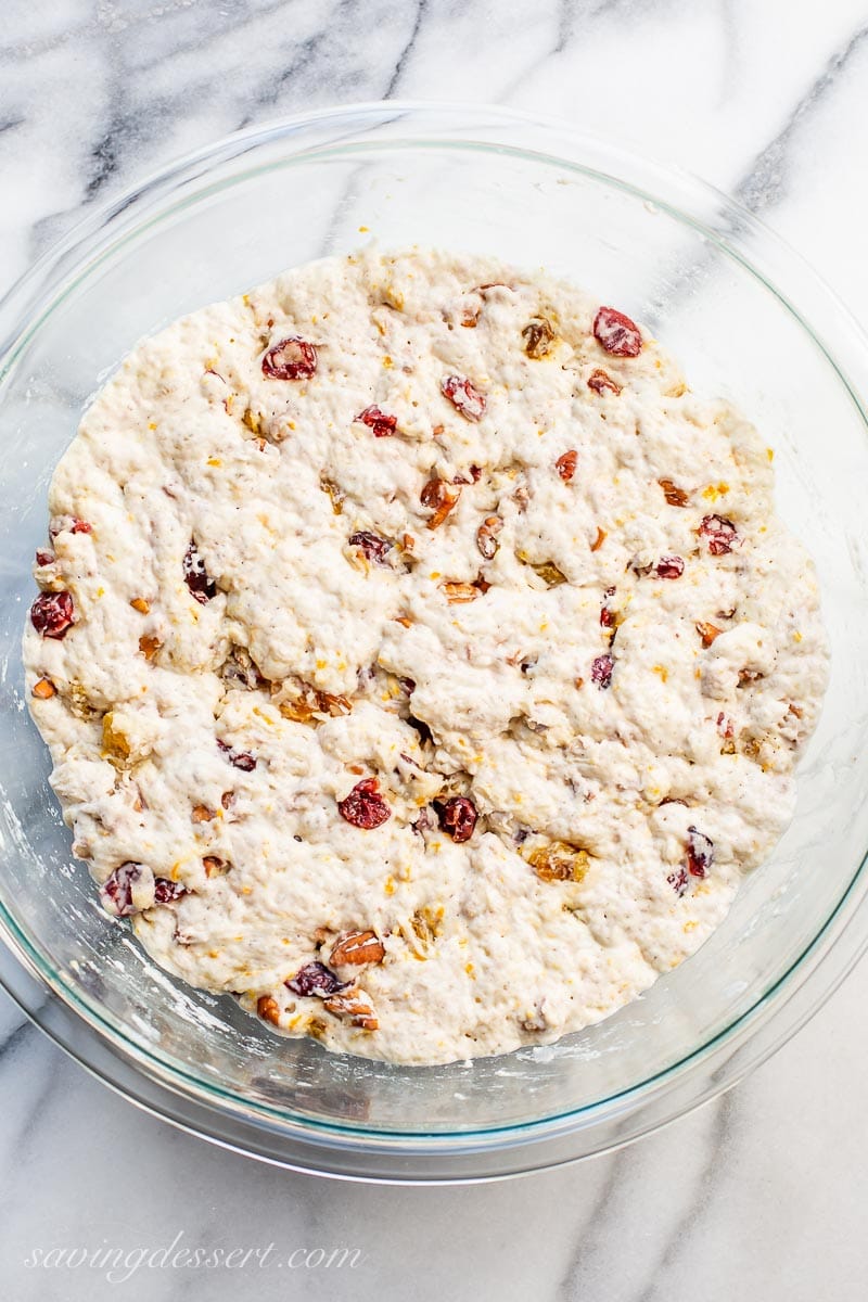 Bread mixture in a bowl before rising