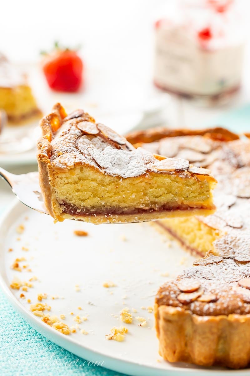 A slice of Bakewell Tart on a spatula