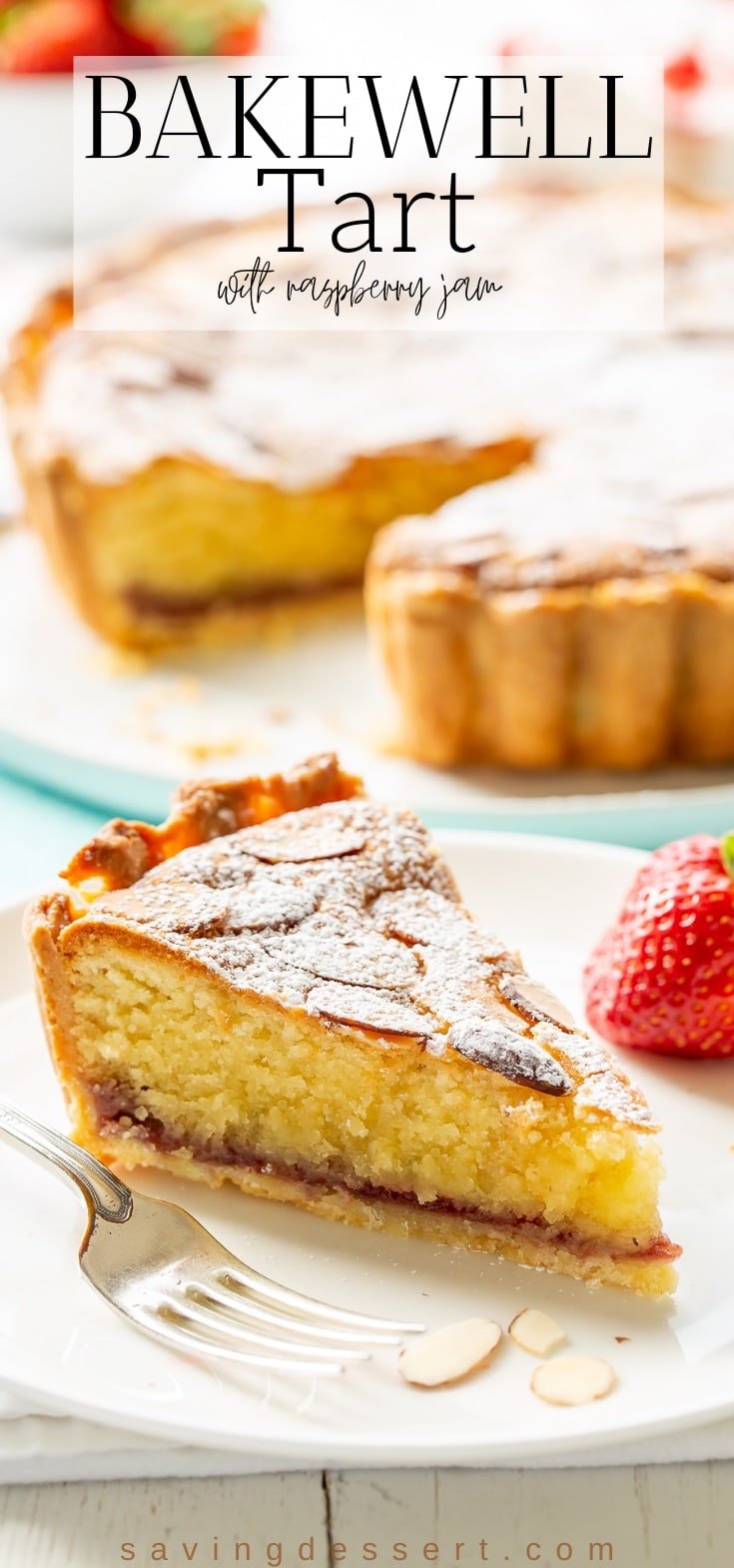 A slice of Bakewell Tart on a plate served with strawberries