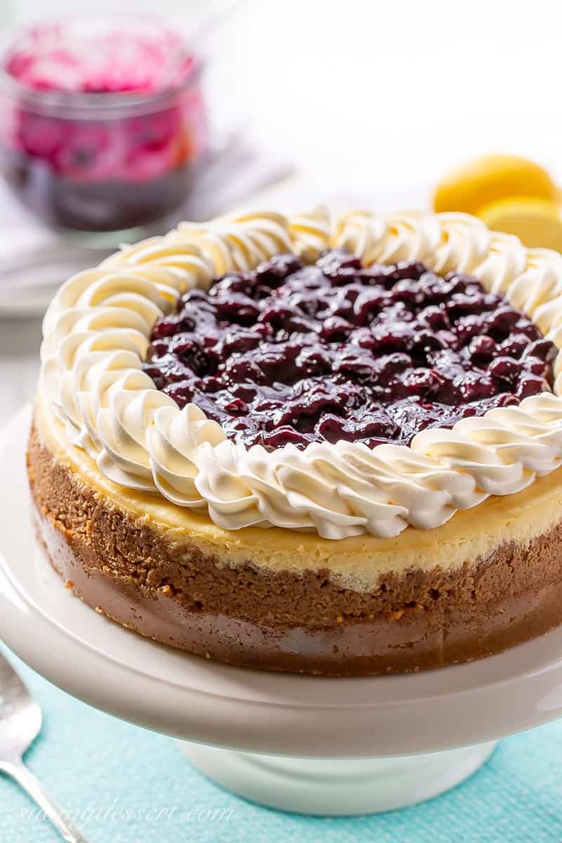 Blueberry Cheesecake on a cake stand