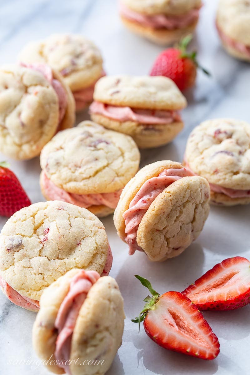 Closeup of strawberry buttercream filled strawberry cookies