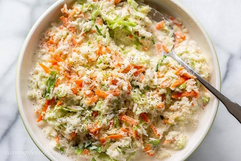 an overhead view of a bowl of creamy southern style coleslaw