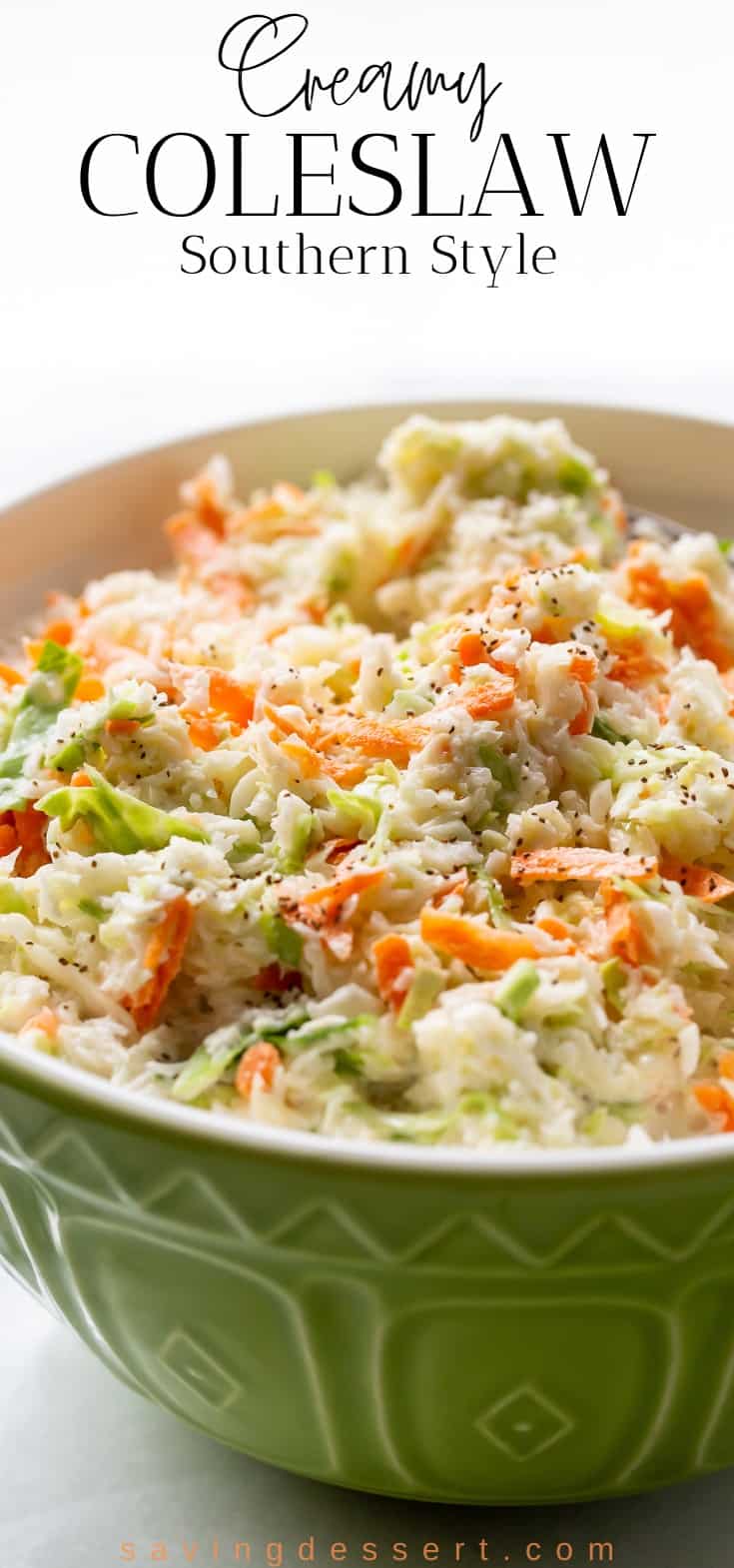 A big green bowl of creamy coleslaw