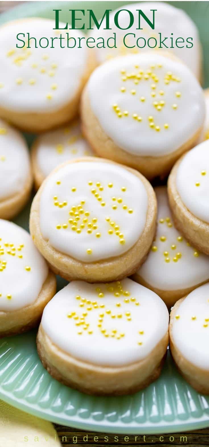 Lemon Shortbread Cookies with lemon icing and yellow sprinkles