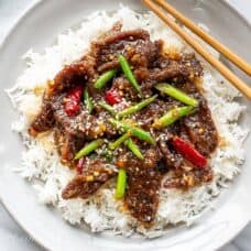 Overhead view of a plate of homemade Mongolian Beef with green onions and red arbol chiles
