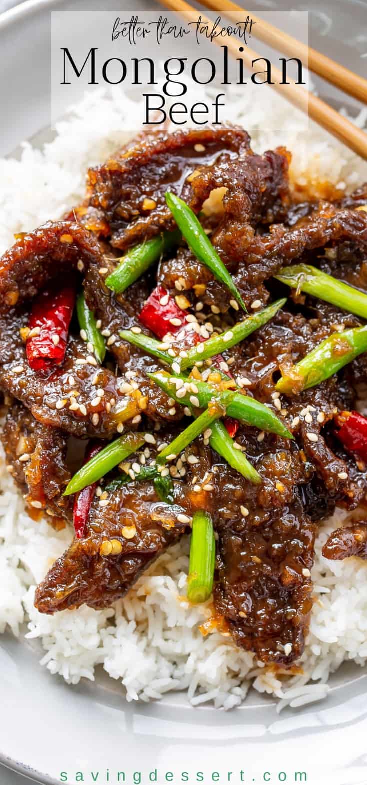 Sliced Mongolian Beef with onions and peppers served over rice