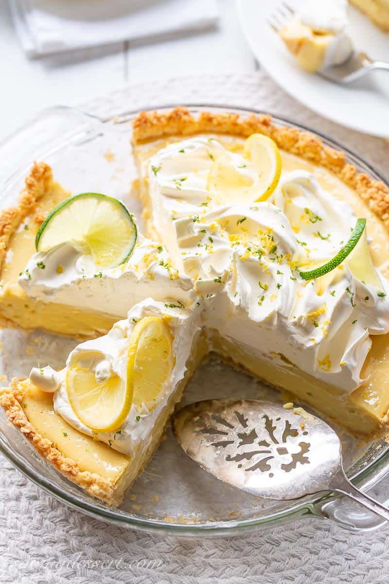 A sliced Atlantic Beach Pie with whipped cream