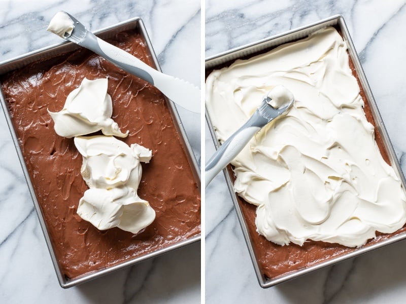 A collage of photos showing a pan of chocolate pudding topped with whipped cream