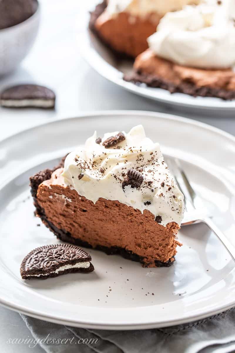 A slice of chocolate pie on a plate