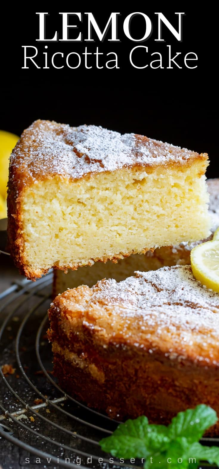 A slice of Lemon Ricotta Cake on a spatula