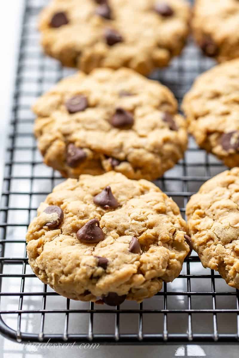 A side view of a cooling rack filled with Chocolate chip Oatmeal Cookies