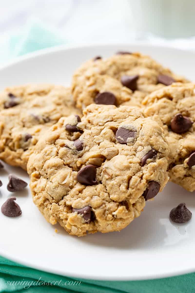 A close up of a peanut butter oatmeal cookie with chocolate chips