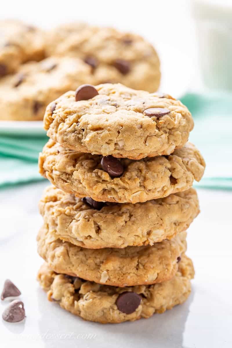 a stack of thick and chewy peanut butter oatmeal cookies