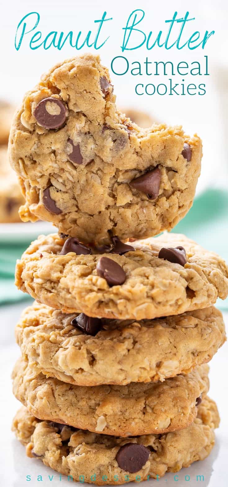 A stack of peanut butter oatmeal cookies with chocolate chips