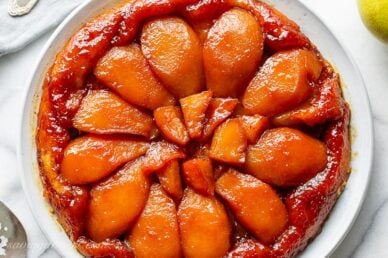 Overhead view of a pear tart over a pastry crust