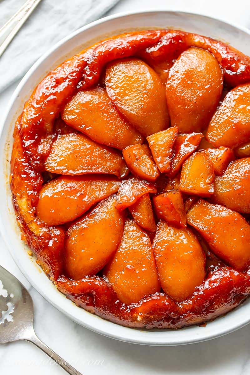 Caramel Pear Tarte Tatin inverted on a serving platter