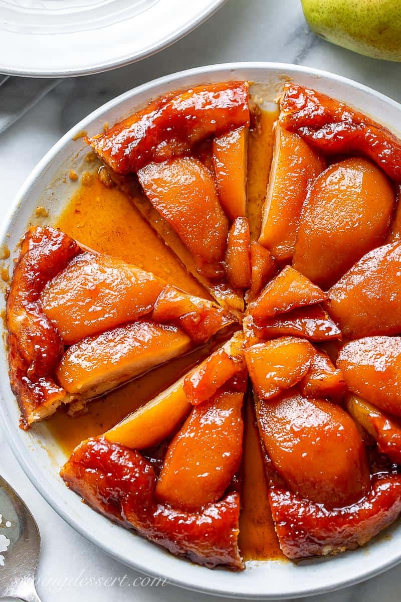 An overhead view of a Pear Tarte Tatin with buttery caramel