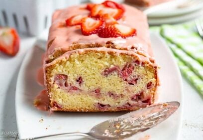 Closeup of a slice of strawberry cake