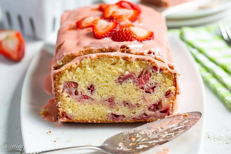 Closeup of a slice of strawberry cake