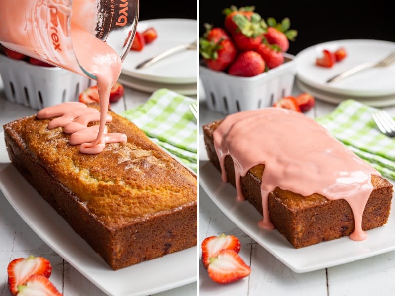 A collage of photos showing strawberry icing being drizzled over a loaf cake