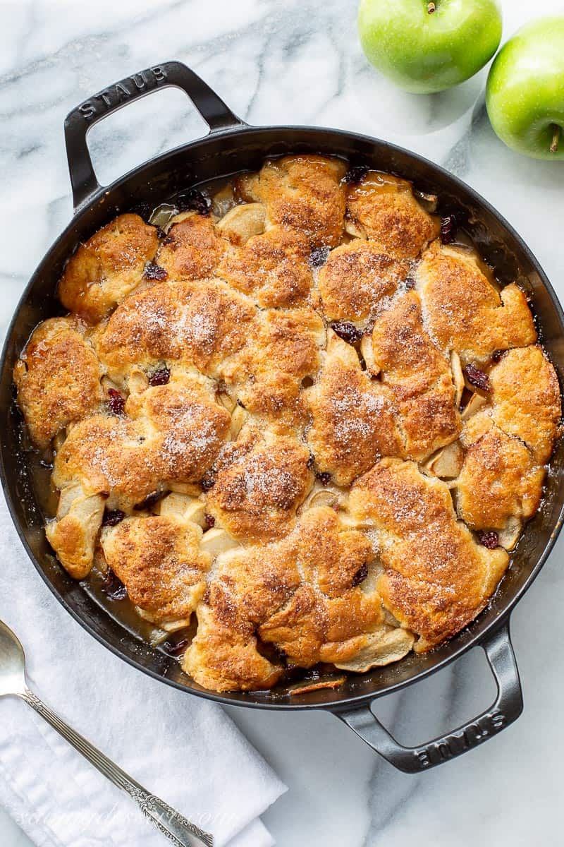 Baked apple cobbler in a skillet