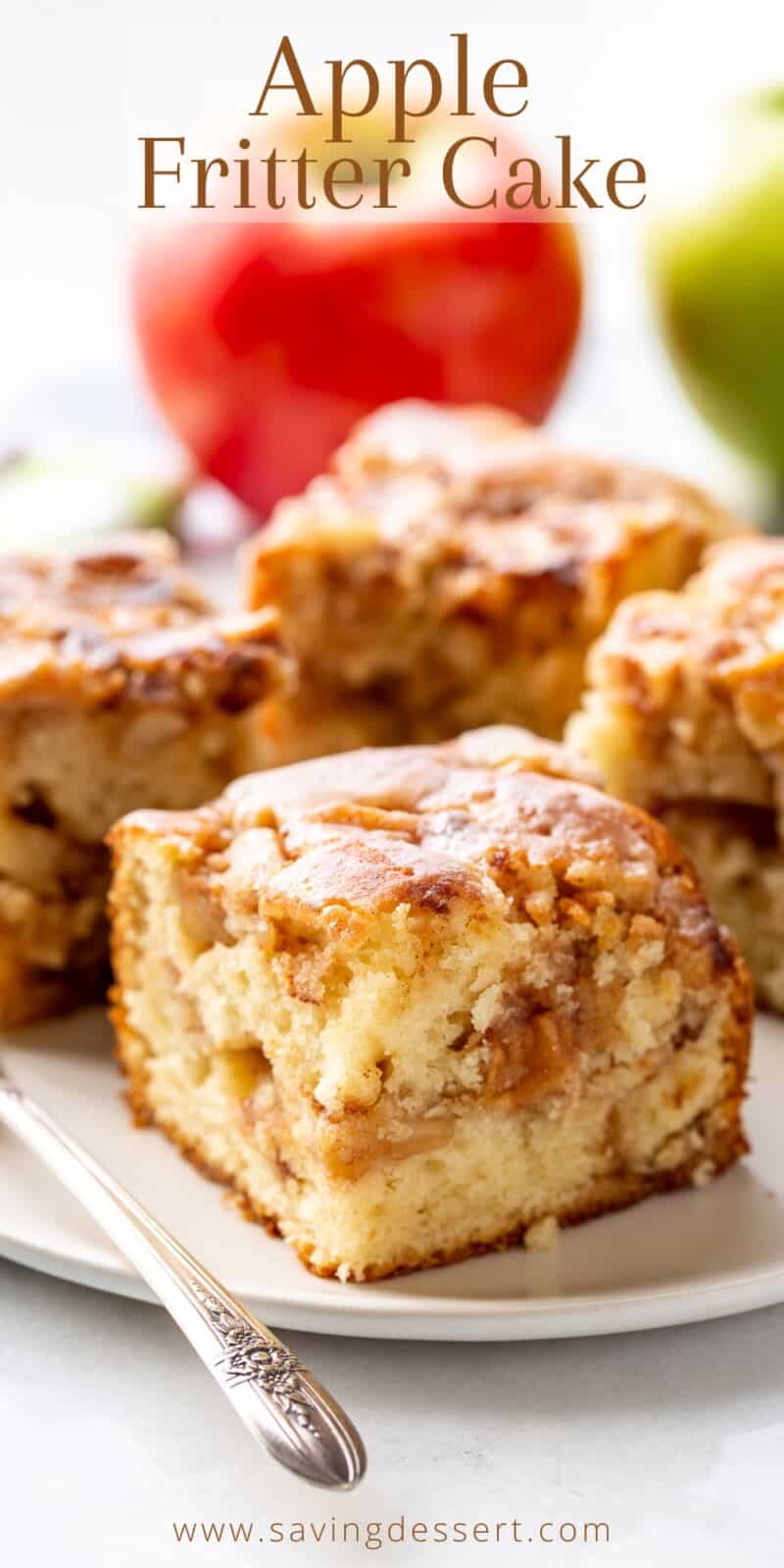 A slice of apple fritter cake on a plate