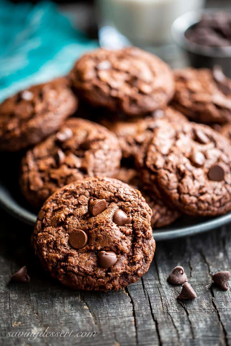 a plate of chocolate cookies with chocolate chips