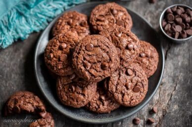 overhead view of a plate of chocolate brownie cookies