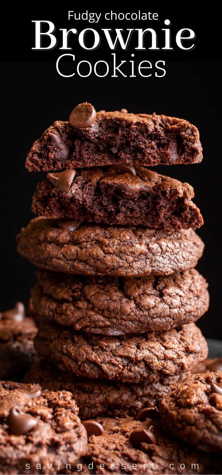 A stack of dark chocolate brownie cookies with chocolate chips