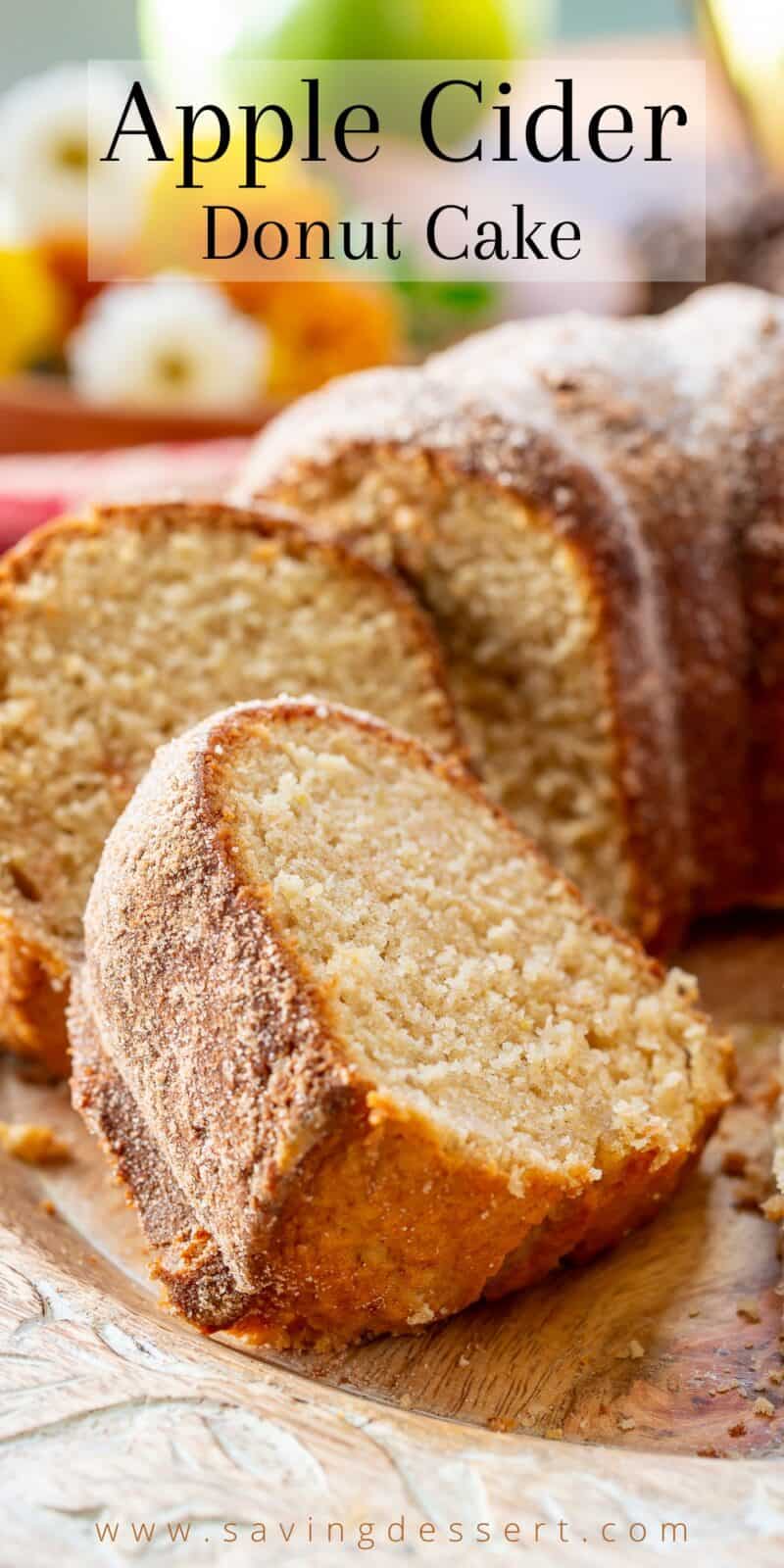 Sliced Bundt cake covered with cinnamon and sugar on a platter
