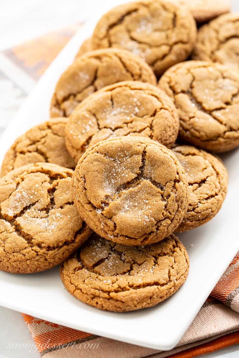 Molasses cookies stacked on a platter