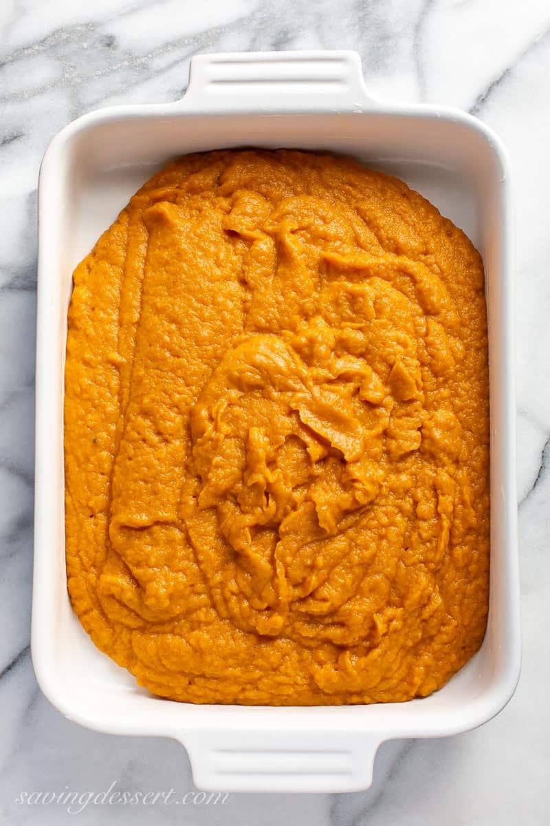 Mashed sweet potato casserole in a baking dish