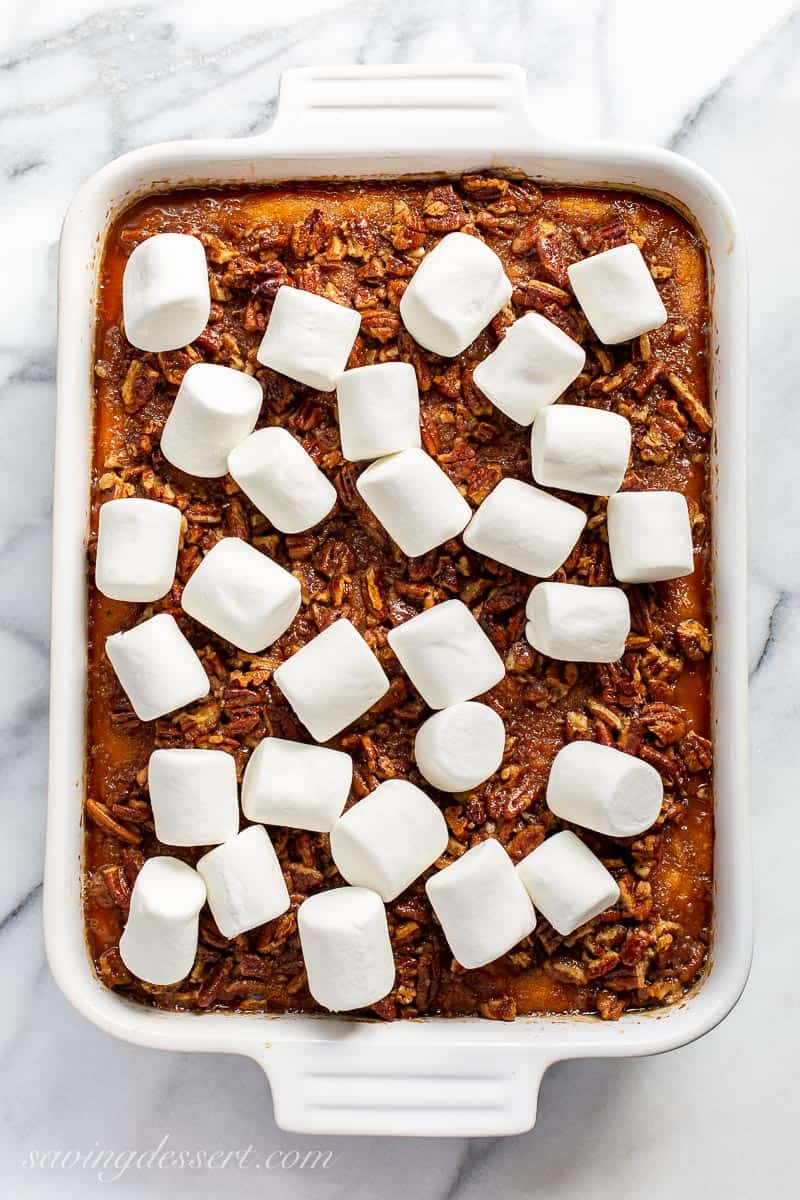 Sweet potatoes topped with unbaked marshmallows