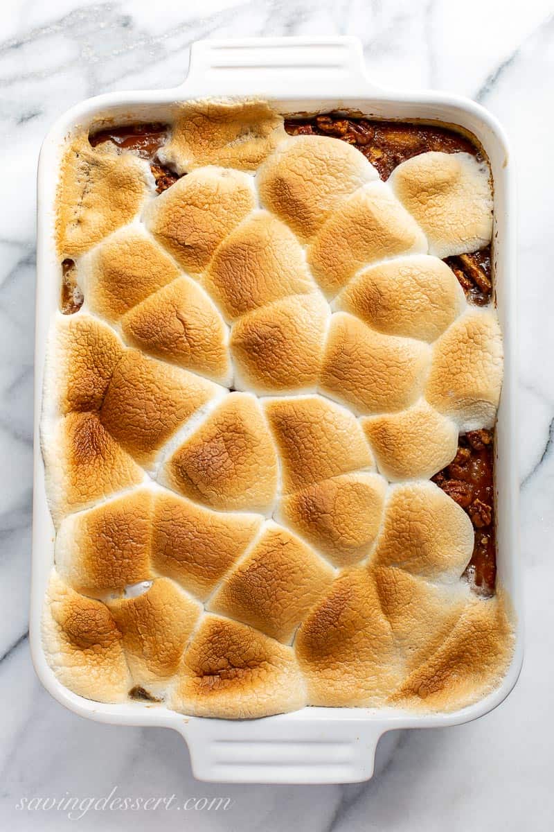 Baked sweet potato casserole with golden brown toasted marshmallows on top