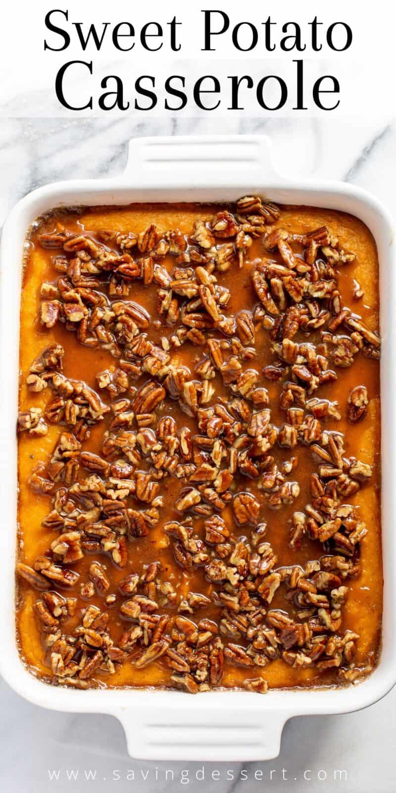 Overhead view of a sweet potato casserole topped with a praline pecan topping