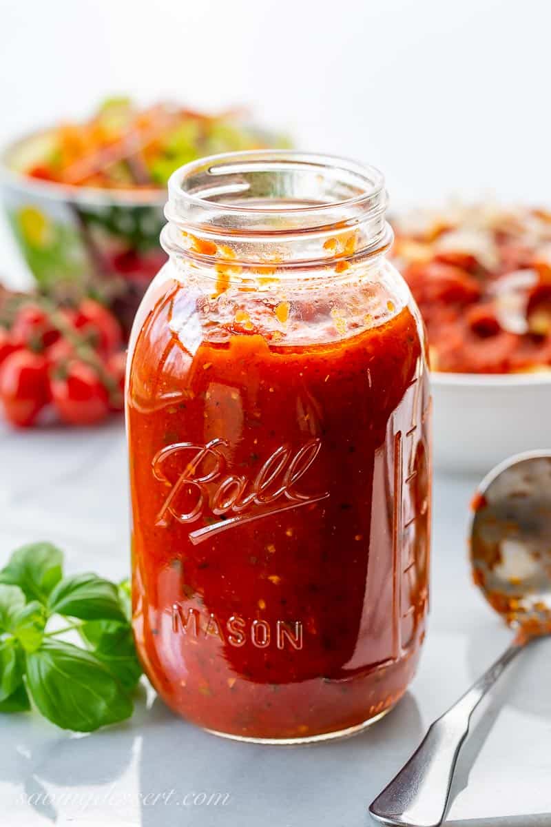 A jar of homemade red sauce