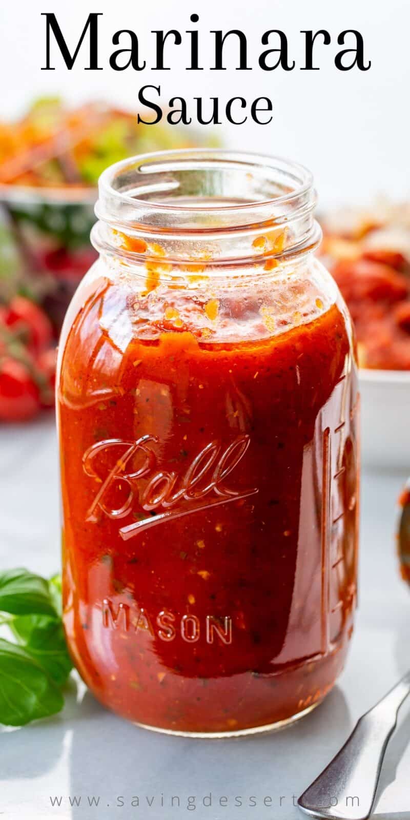 A mason jar filled with homemade Marinara Sauce