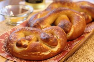 Side view of homemade soft pretzels
