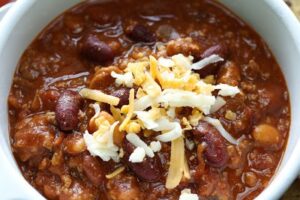 Overhead view of Bowl of chili with cheese