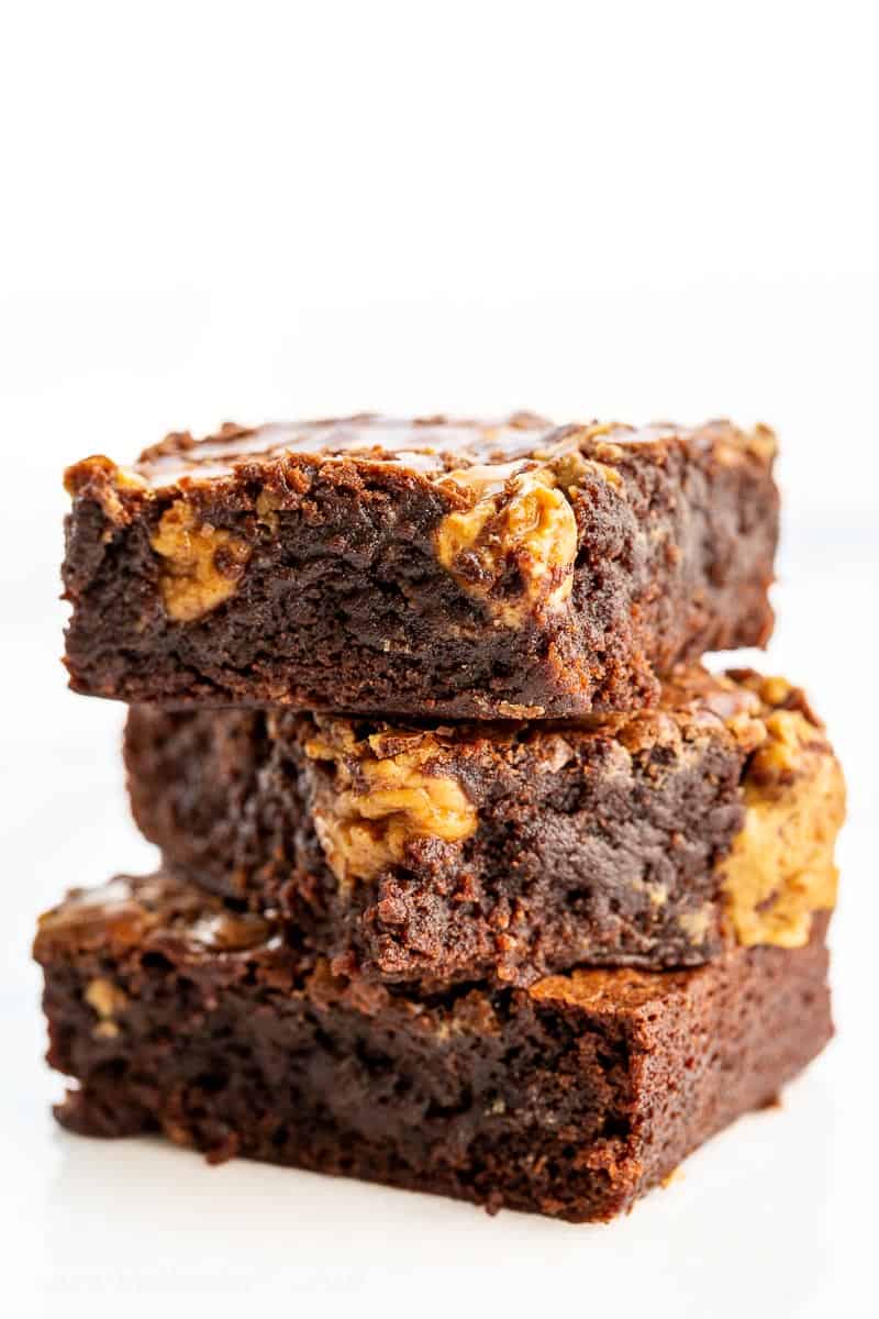 A stack of three peanut butter brownies