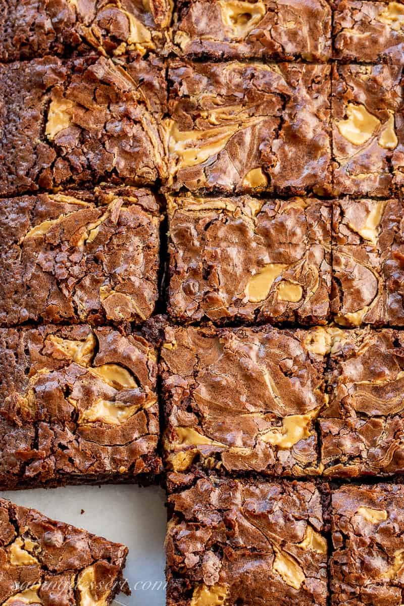 Fudgy Peanut Butter Swirl Brownies cut into squares