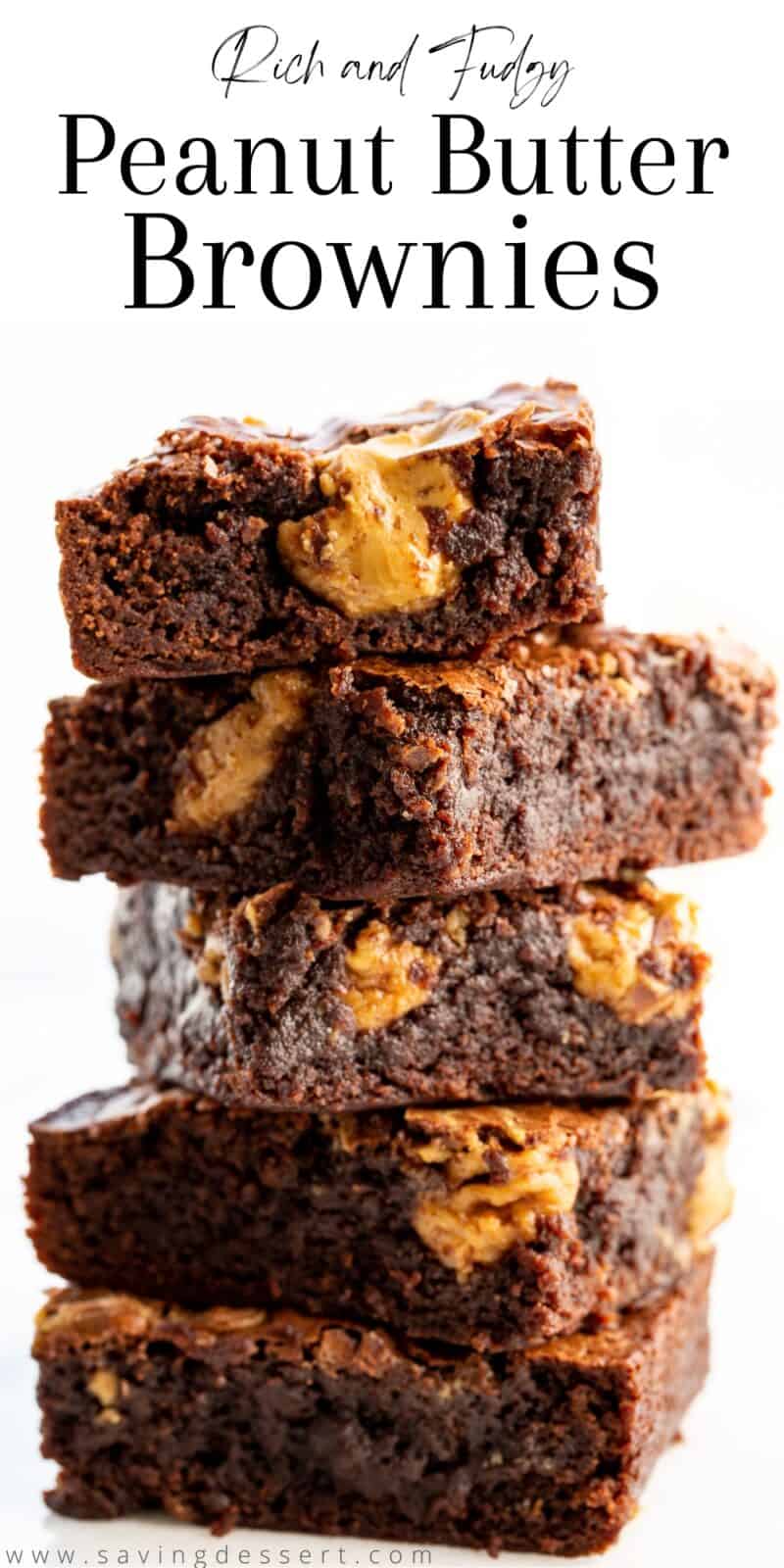 A large stack of fudgy brownies with dollops of peanut butter baked in