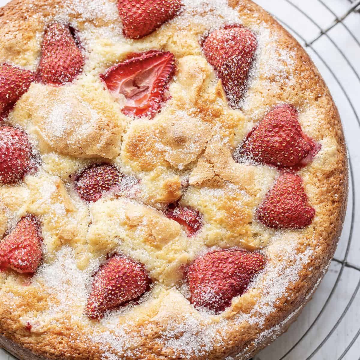 Close up shot of a strawberry cake on a cooling rack