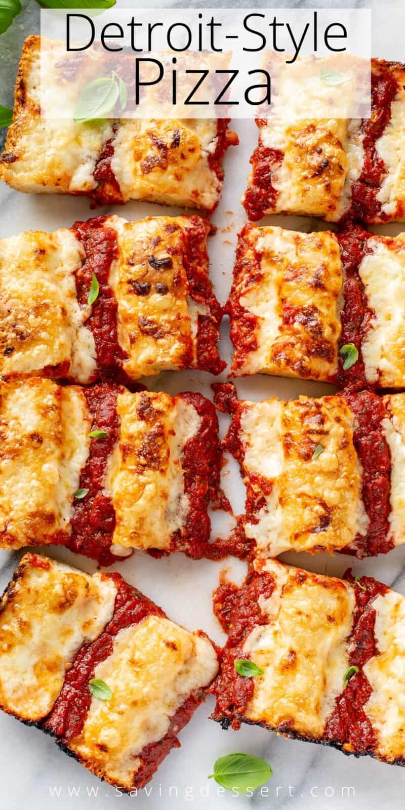 Detroit-Style Pizza sliced in to 8 pieces with golden brown cheese