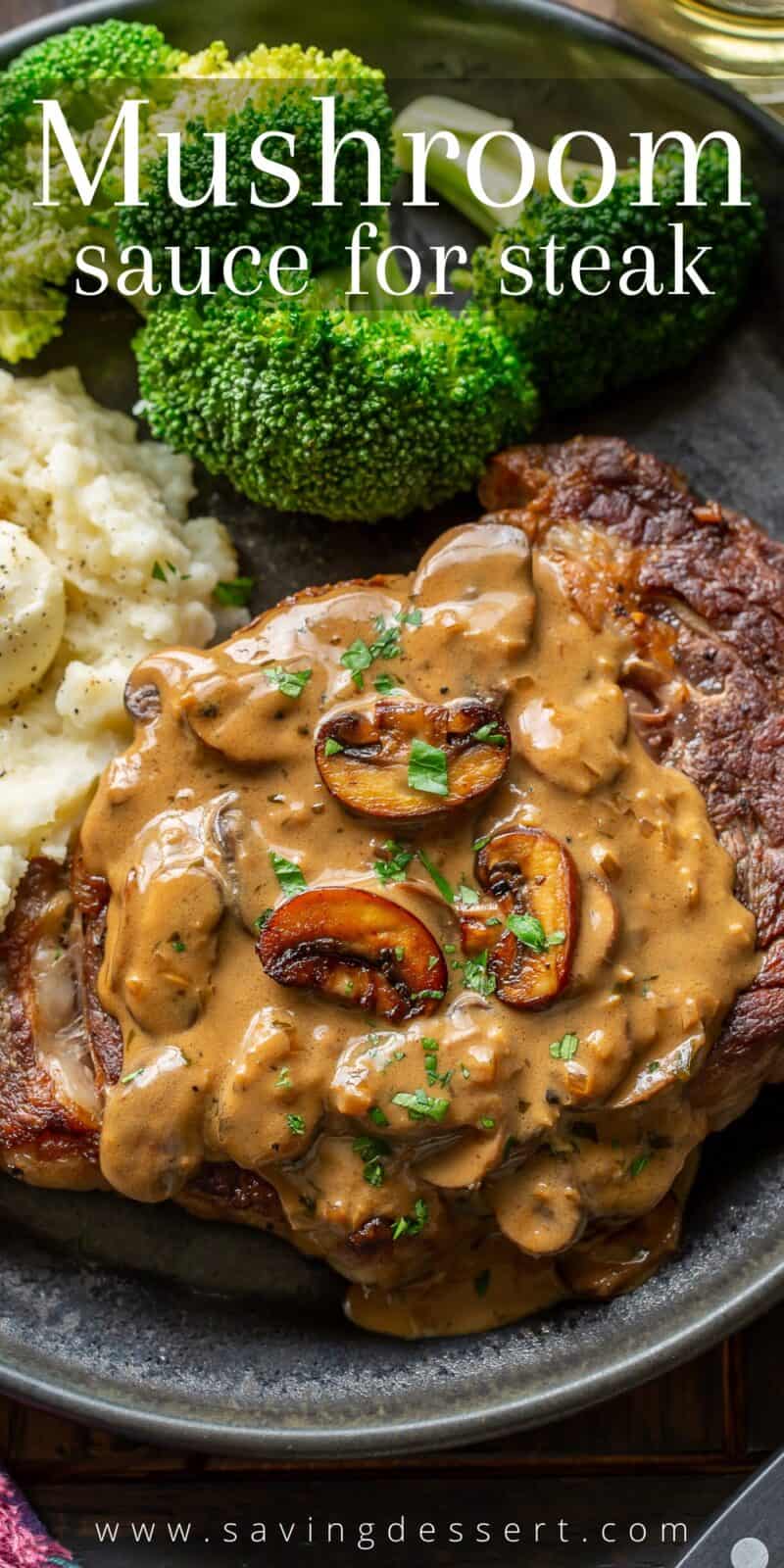 Overhead view of a plate with steak, mashed potatoes, broccoli and mushroom sauce