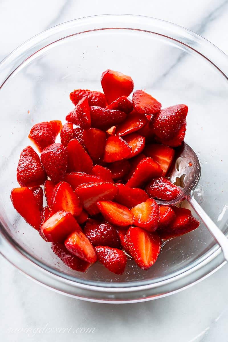 Overhead view of a bowl of strawberries