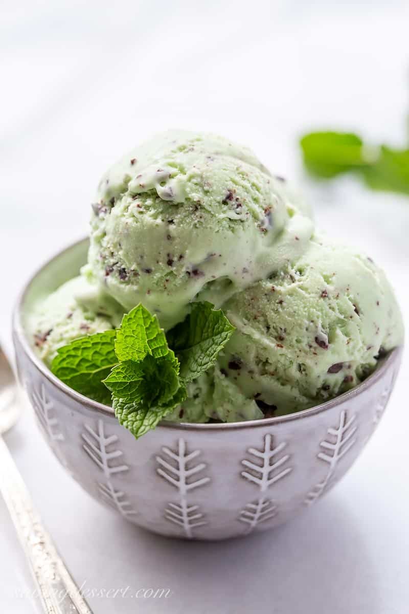 Mint chocolate chip ice cream in a bowl garnished with a sprig of fresh mint leaves